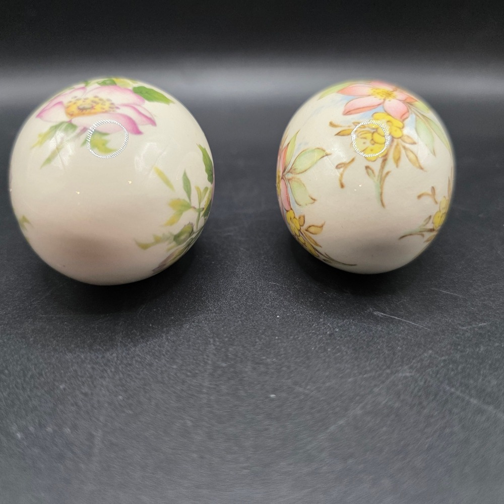 The Egg Lady Vintage Hand Painted Floral Ceramic Eggs Set of 2 Ivory Pink Yellow - Picture 5 of 9